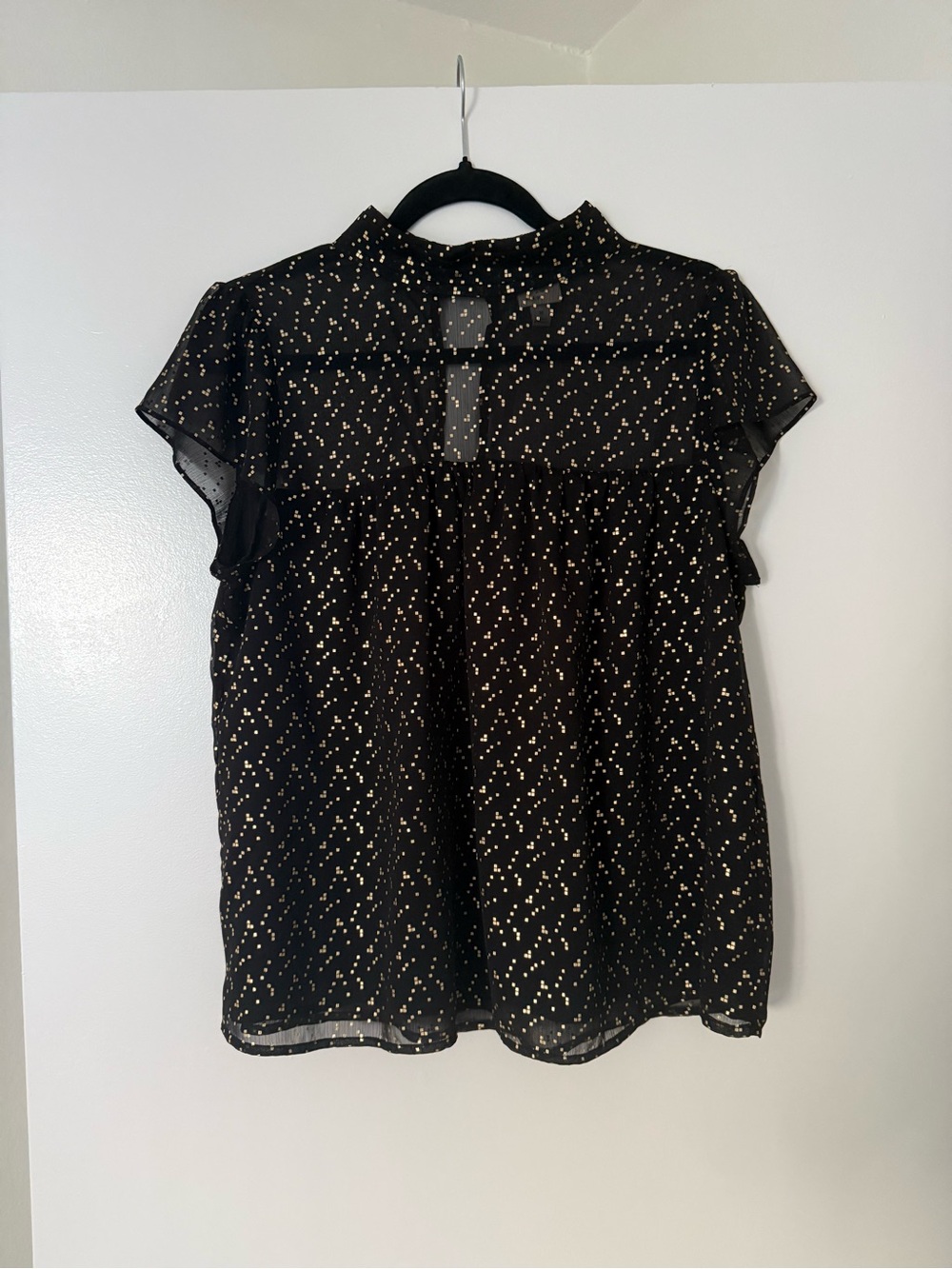 a new day Black Blouse with Gold Dot Print and Flutter Sleeves
